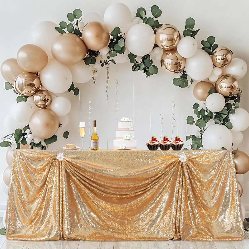 PartyDelight Sequin Tablecloth Light Gold 90"x156" Rectangle Shimmer Table Cloths Sparkle Glitter Wedding Banquet Decorations - Image 1